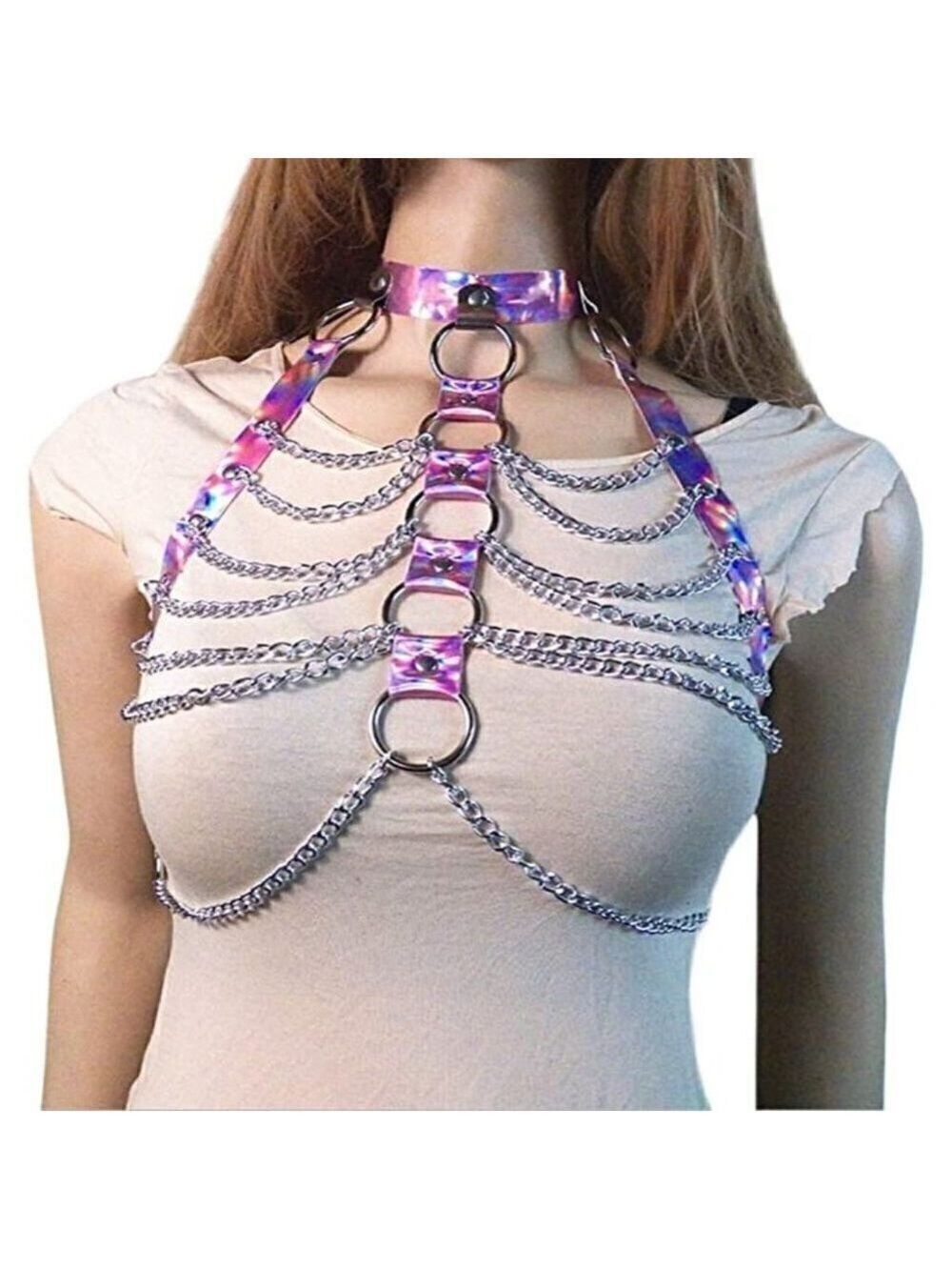 PINK hologram body chest harness cage bra choker chain costume pasties festival